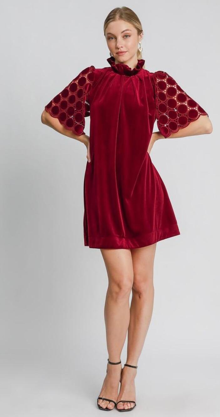 Umgee Velvet High Neck Lace Sleeve Mini Dress Womens Size Large Wine Red New